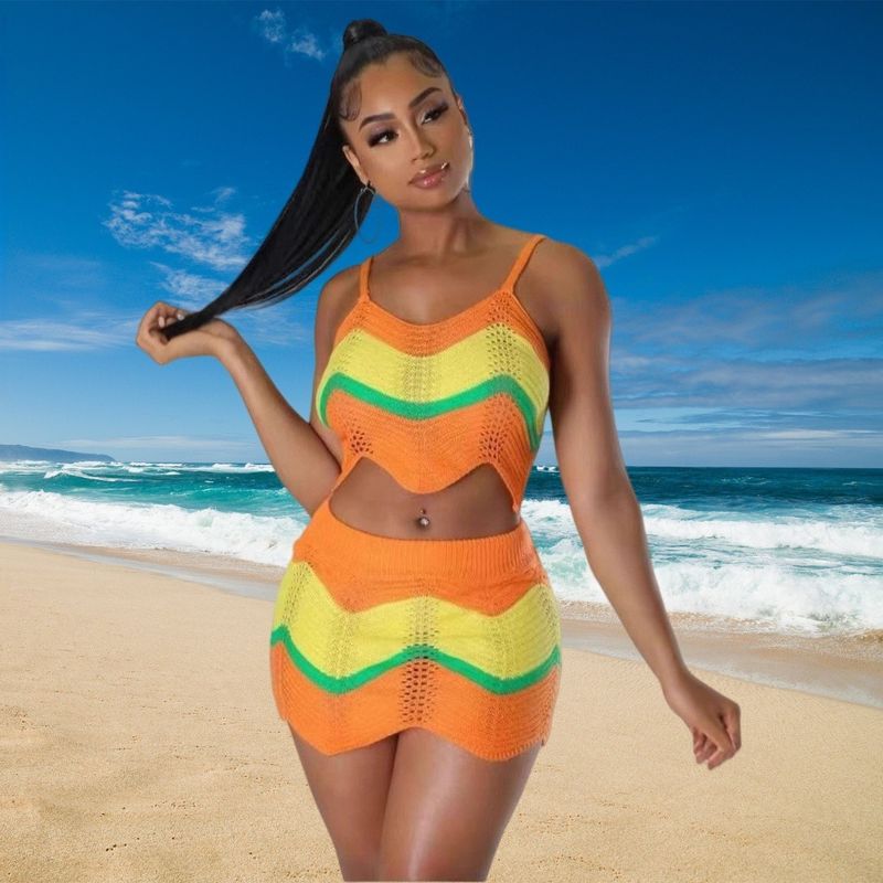 

Модный ветер Модный ажурный вязаный топ-майка и шорты Orange Yellow All yards