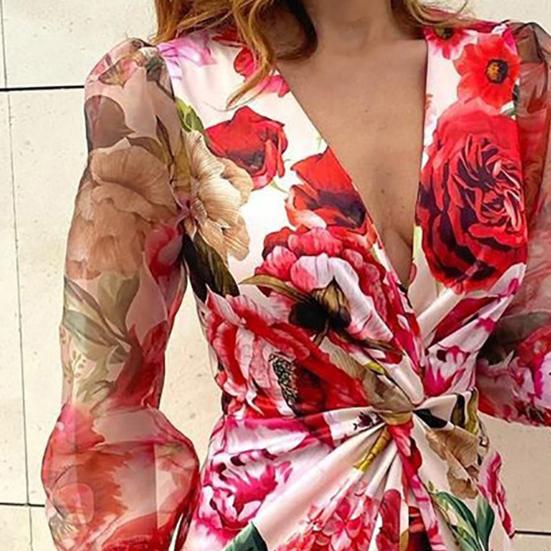 Tief ausgeschnittenes Netz-Langarm-Kleid mit hoher Taille, Hüftumschlag, Chiffon, lebendiger Blumendruck, Taillenknoten, Bodycon-Kleid, Partykleidung