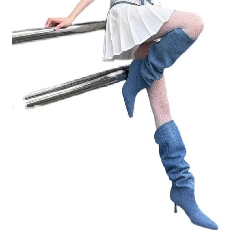 

Женские туфли Женские сапоги до колена Элегантные современные сапоги Женские плиссированные заостренные носки Туфли на высоком тонком каблуке Женские 37 темно-синий