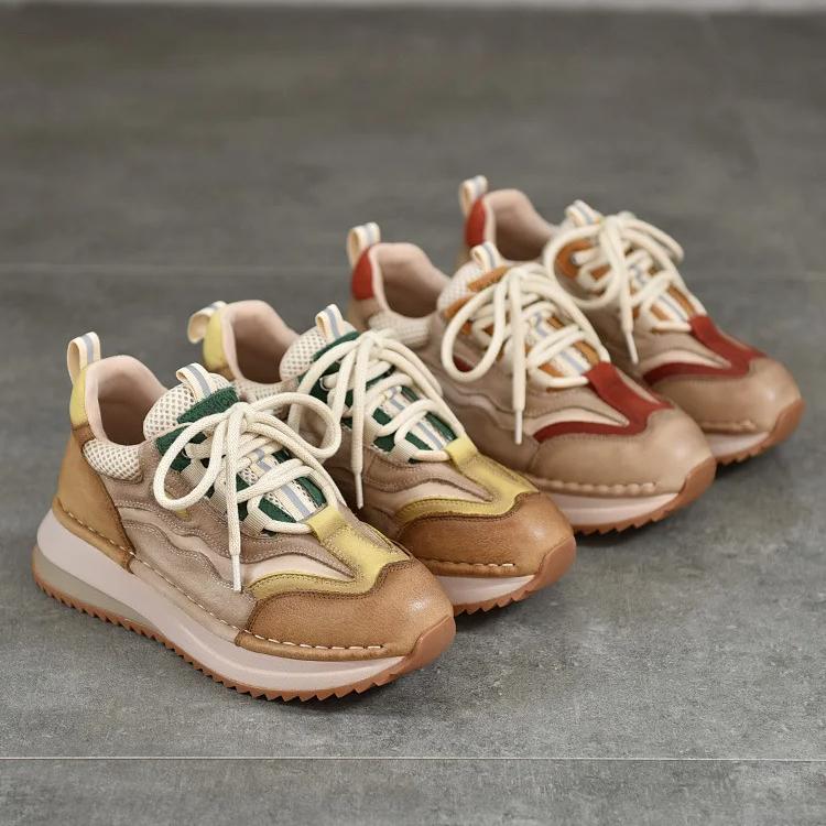 Johnature Genuine Leather Casual Sports Lace Up Anti Slip Women's Shoes Retro Mixed Colors Thick Soled Sneakers