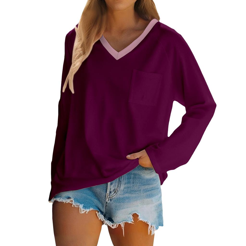 Women's Raglan Long Sleeve V-Neck T-Shirt Splicing Solid Color Casual Top Pullover V-Neck Pocket Bottoming Shirt