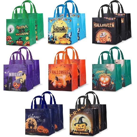 16PCS Halloween Trick or Treat Bags, Large Halloween Tote Gift Bags with Handles, Reusable Non-Woven Candy Bag for Gifts Wrapping, Party Supplies,