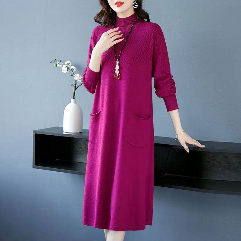 Solid Color Half Turtleneck Mid-length Knitted Dress for Women Long-sleeved Pullover Warm Winter Women's Sweater Dress