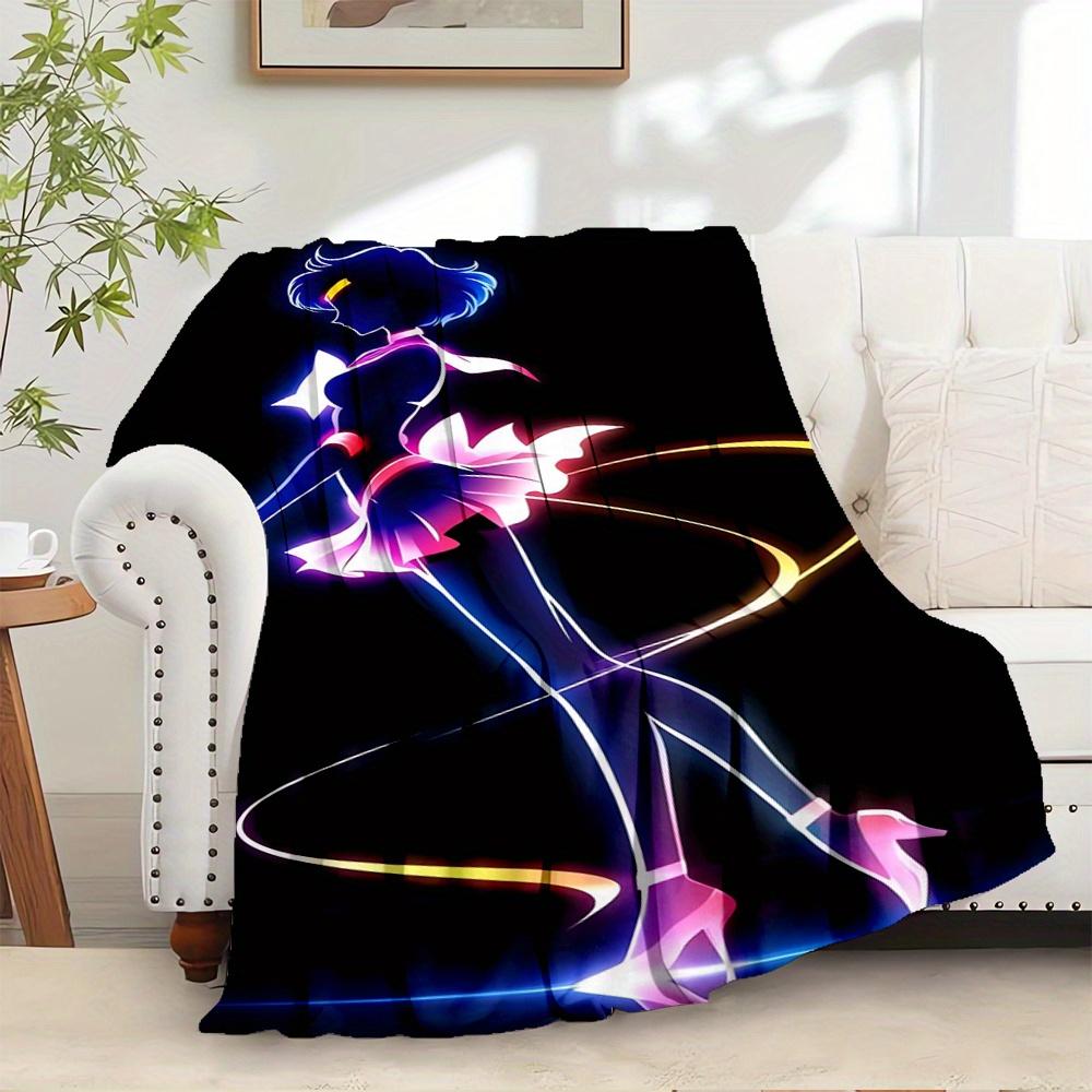 For Sailor Moon,Anime,Silhouette-Themed Flannel Blanket, Glam Style, Digital Print, All-Season Comfort, Tear-Resistant, Knitted Craftsmanshi