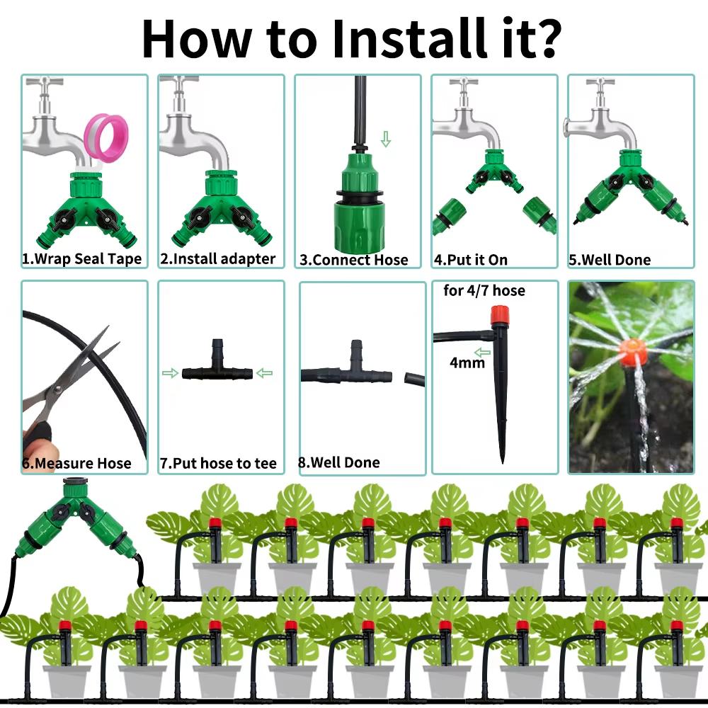 Garden Drip Irrigation Automatic Watering System Kit Adjustable Nozzle Sprinkler for Bonsai Pot Plant Flower Vegetable Greenhouse