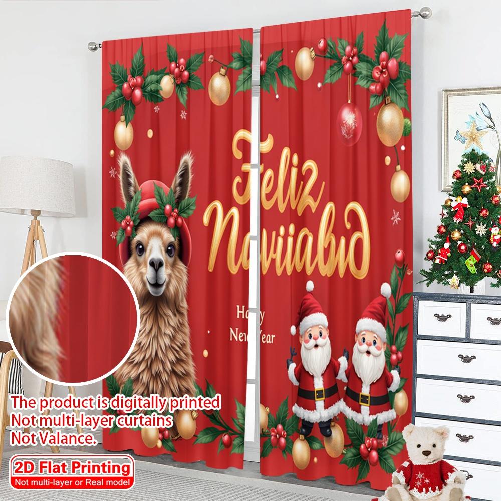 2pcs 2D Flat Printing Merry Christmas Popular Window Curtains Feliz Navidad Llama Santa Fabric Without Electricity 0 Use for