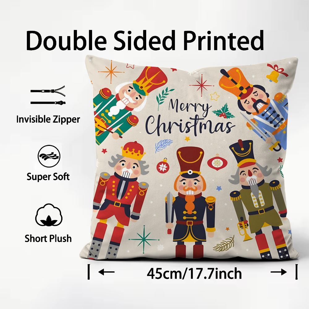 Nutcracker Soldier Christmas Cushion Cover Plush Fabric Soft DoubleSided Printed Sofa Warm Winter Home Child Gift Pillow Case