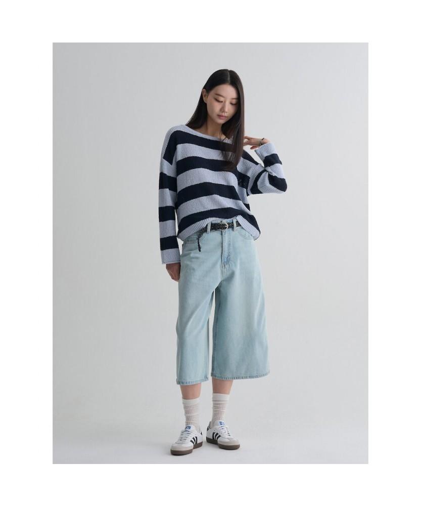 8SECONDS Loose Fit Striped Boat Neck Pullover Blue