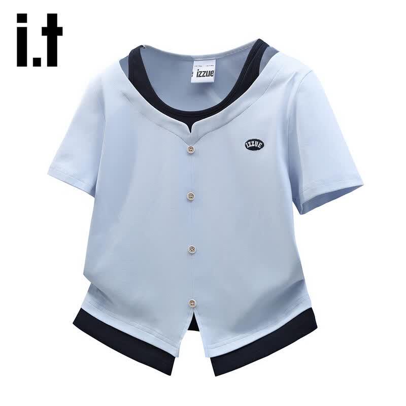 Izzue It Women s Faux Two-Piece V-Neck Short Sleeve T-Shirt M