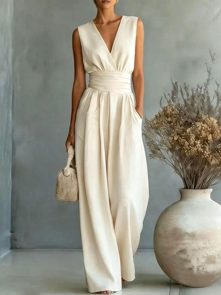 2026 European & American Spring/Summer Elegant Waist-Cinching V-Neck Women's Jumpsuit
