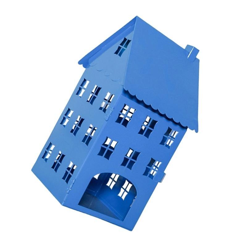 Hollowout Ice House Metal Blue Tealight Holder Hanging Lanterns for Indoor Table Centerpieces Decoration