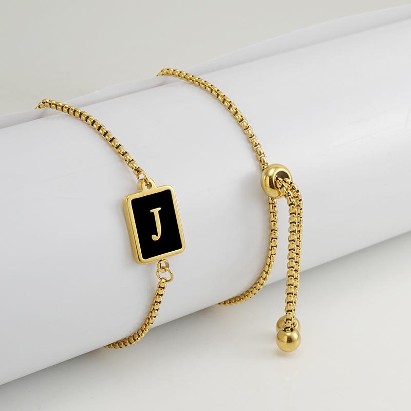 18K Black Square Adjustable Bracelet - Women's European & American Style, Titanium Steel with English Alphabet.