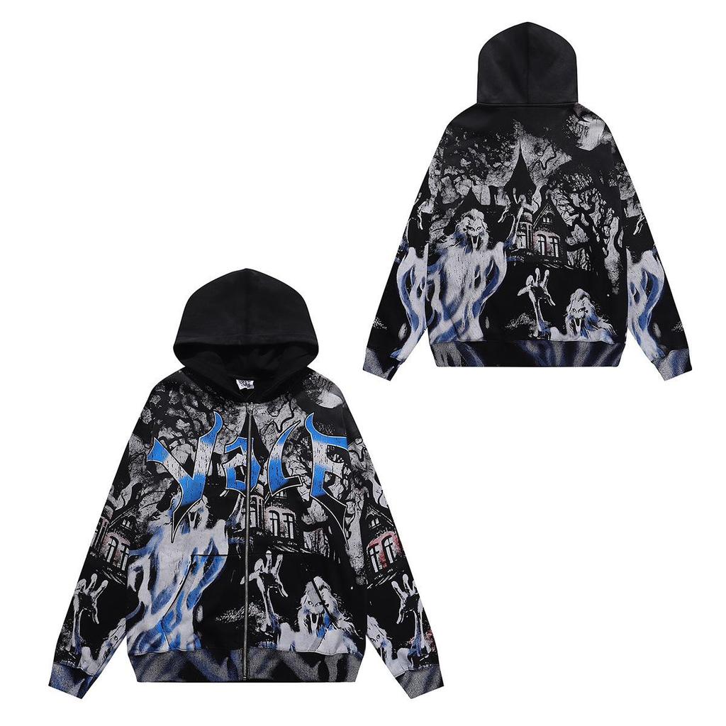 Unisex Retro Print Distressed Zipper Hoodie - Loose Fit, High Street American Style