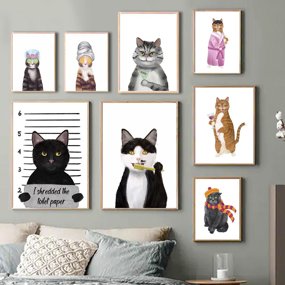 Schwarze Katze, Verbrecherfoto, Wandkunst, Leinwand, Poster, Orange Tabby, Wein trinkend, Drucke, Gemälde, Badezimmer, Zimmer, dekorative Toilettenbilder