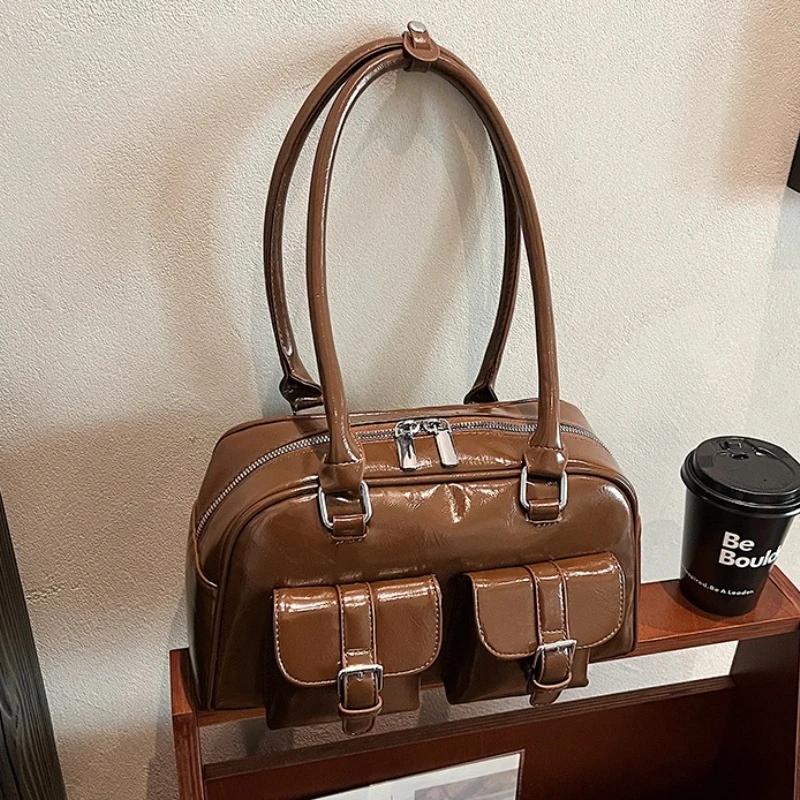 Retro PU Leather Double Pockets Underarm Bags For Women 2026 Winter Y2K New Korean Fashion Female Shoulder Bag Stylish Handbags