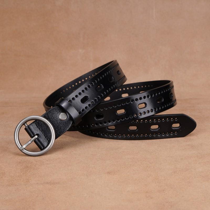 Womens Black Genuine Leather Belt With Hollow Detail Slim Waist Design No-Punch Hole Adjustable Length Jeans Dresses