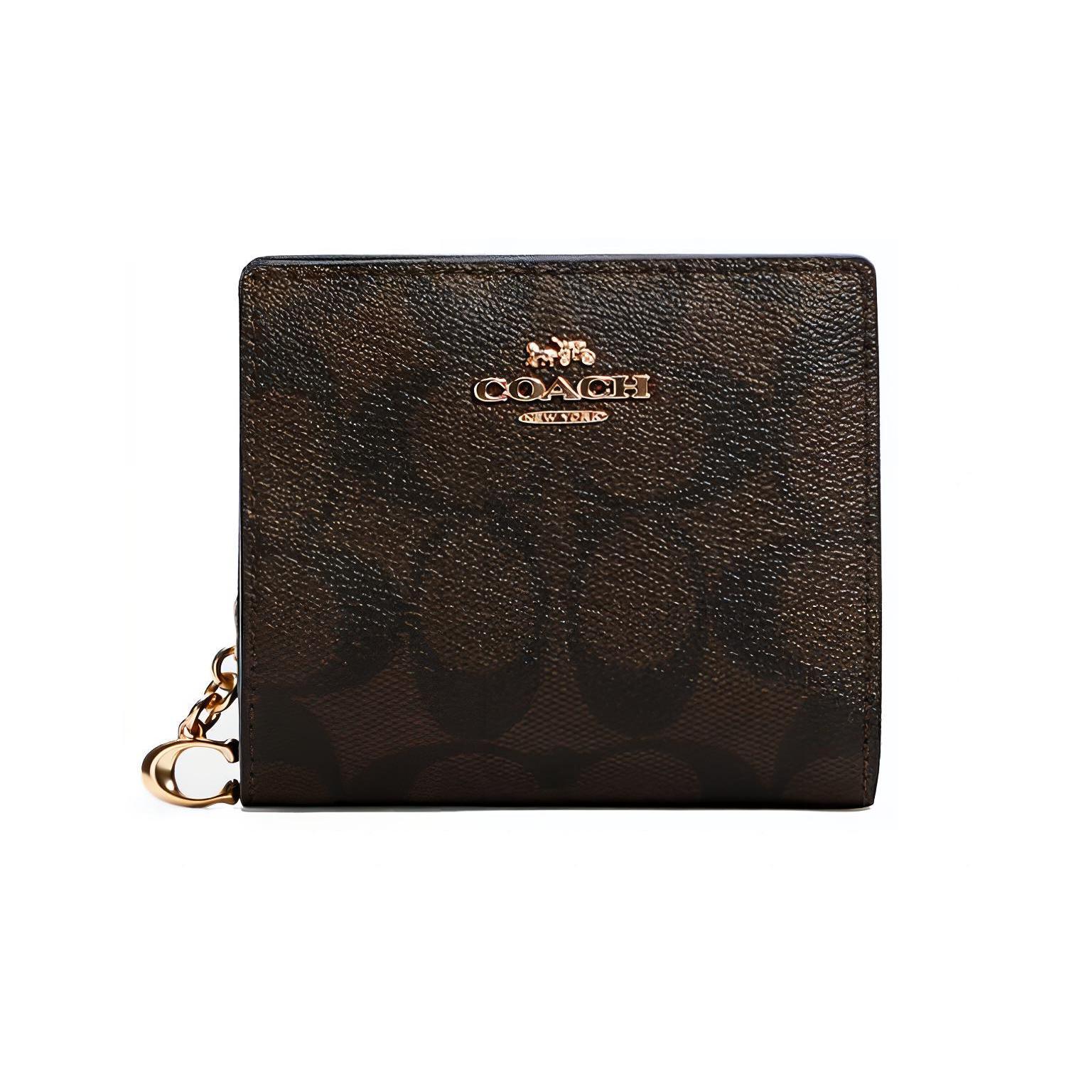 

New COACH Snap Wallet Canvas With Leather Wallet Women s Dark Brown Monogram C3309-IMAA8 10.9*2.5*8.9CM