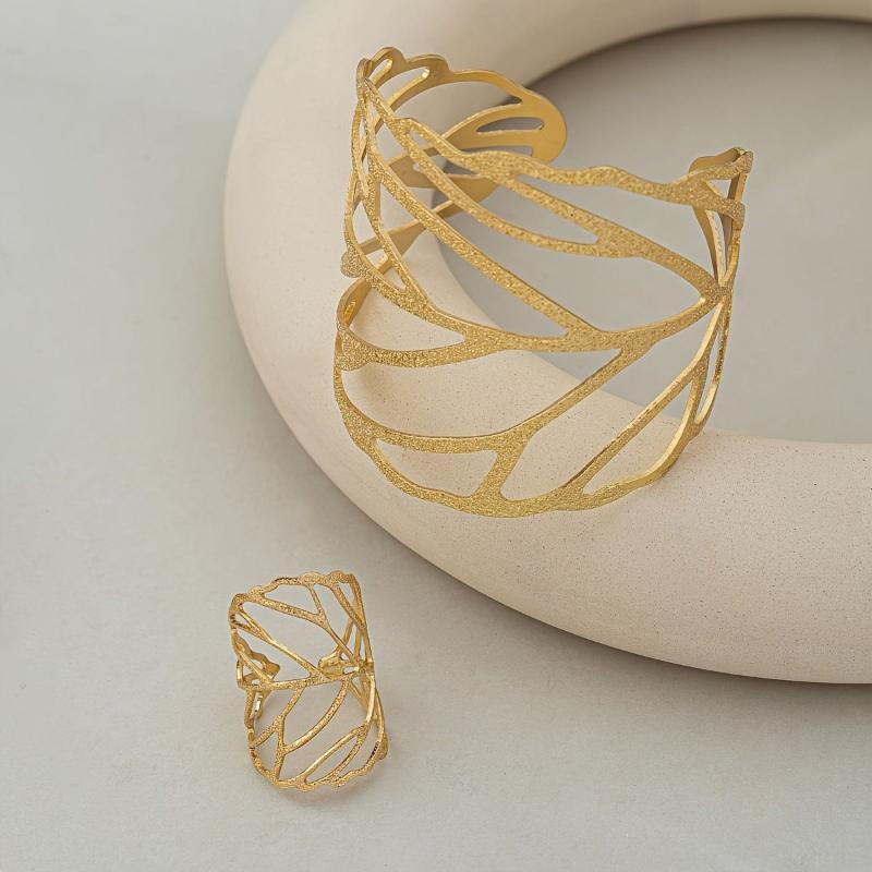 Hollow Leaves Open Bracelet Ring Personalized Niche Jewelry Set Women  Holiday Party Daily Wear Accessories Gift