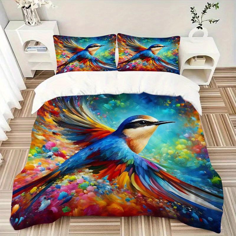 3pcs Colorful Bird Bedding Cover Set, Fashion Classic Popular Print Bedding Set, Soft Comfortable, All Season Use, For Bedroom, Guest Rooma0819183