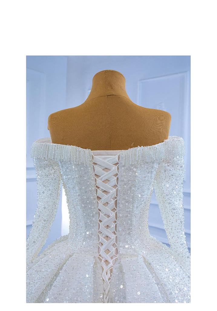 2026 French Wedding Dress: Retro One-Shoulder Long Sleeve with Heavy Beading and Long Train.