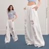 UNIFREE White Distressed Lace Patch Wide-Leg Sweatpants