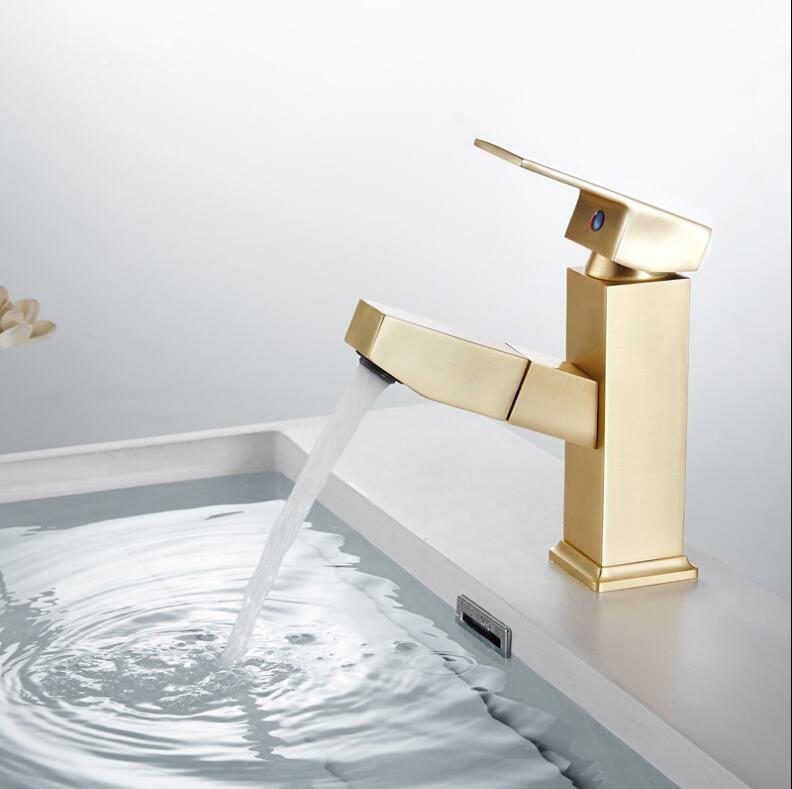 New Basin Faucet Single Lever Pull Out Brass Sink Mixer Tap For Bathroom Basin Water Sink Mixer Gold Brush