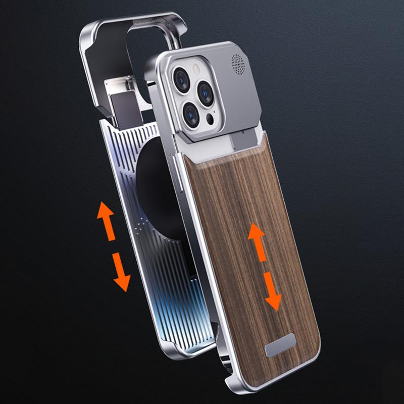 For iPhone 15 Pro Case Aluminium Alloy+Walnut Aromatherapy Protective Phone Cover