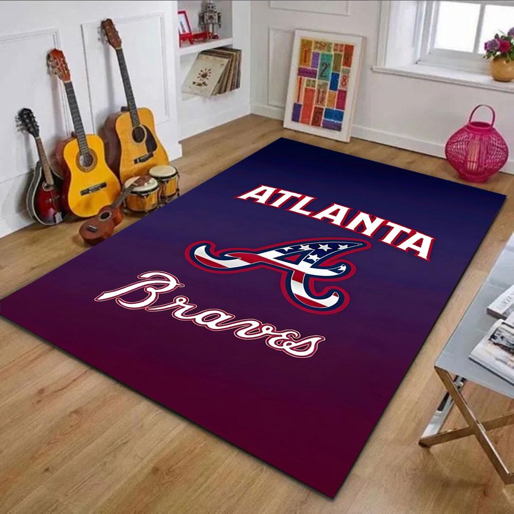 Atlanta Braves Logo with USA Flag Theme Patterned Carpet, Non Slip Mat Suitable for Living Room and Bedroom Sofas