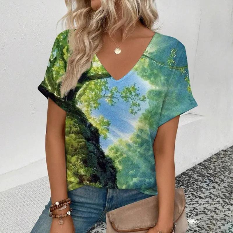 

Летняя удобная женская футболка с модным западным узором пустыни и принтом для отдыха, элегантная футболка с v-образным вырезом, повседневная женская футболка 6XL