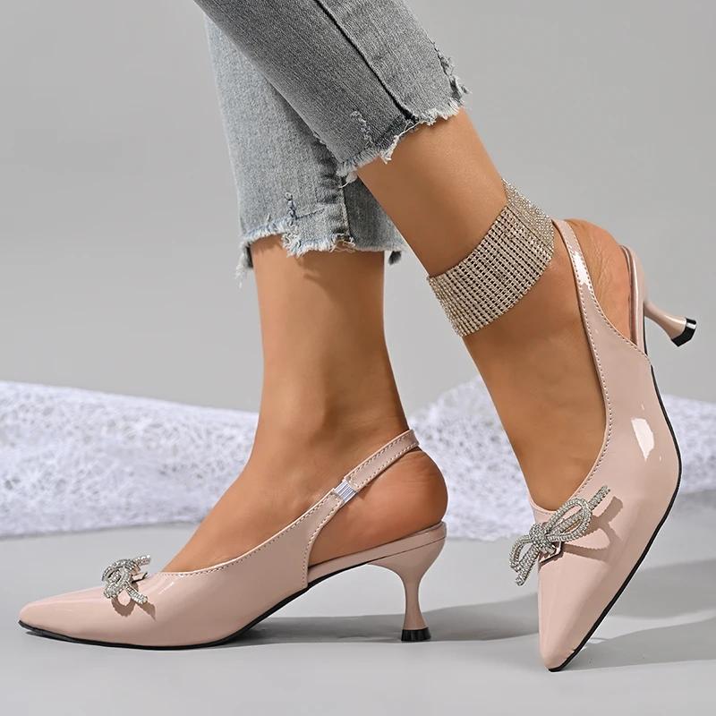 Fashion Summer Bow Decor Pointed Toe Sandals Women Plus Size Shiny Crystal Thin Heel Sandal Woman Wedding Party Bao Toe Sandalias Mujer