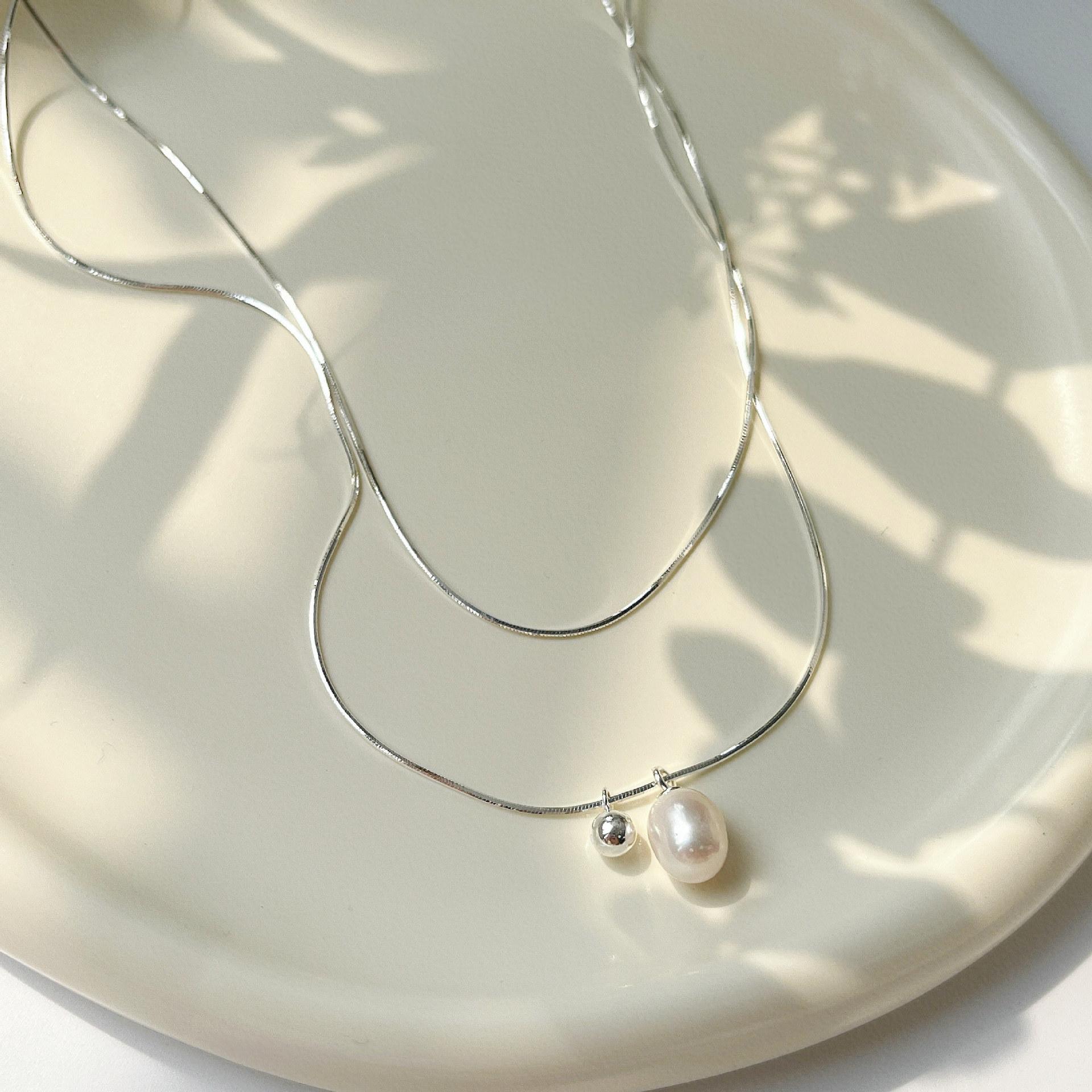 ins cold wind 925 sterling silver double-layer snake bone chain niche design sense simple freshwater pearl necklace women 925 sterling silver