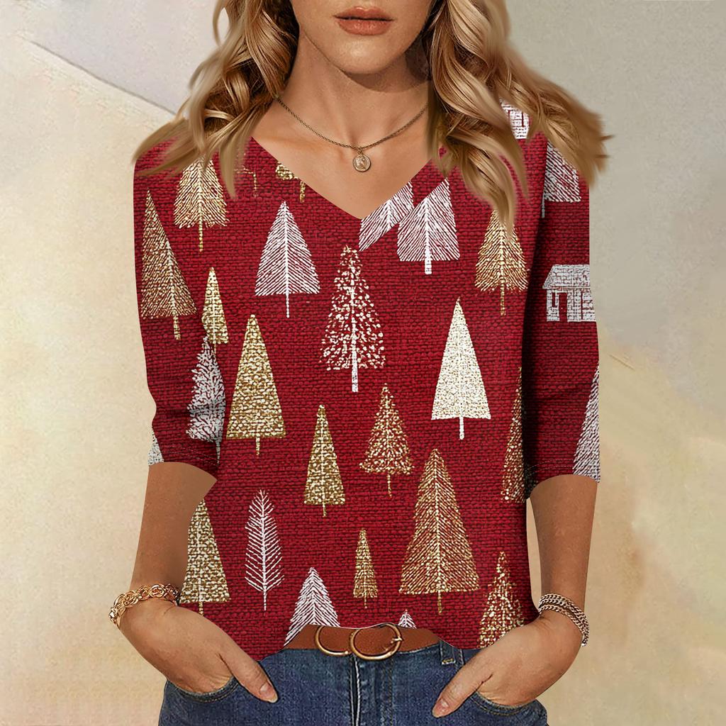 Women's T Shirt CHristmas Print 3/4 Sleeve Daily Weekend Fashion Basic V- Neck Regular Top