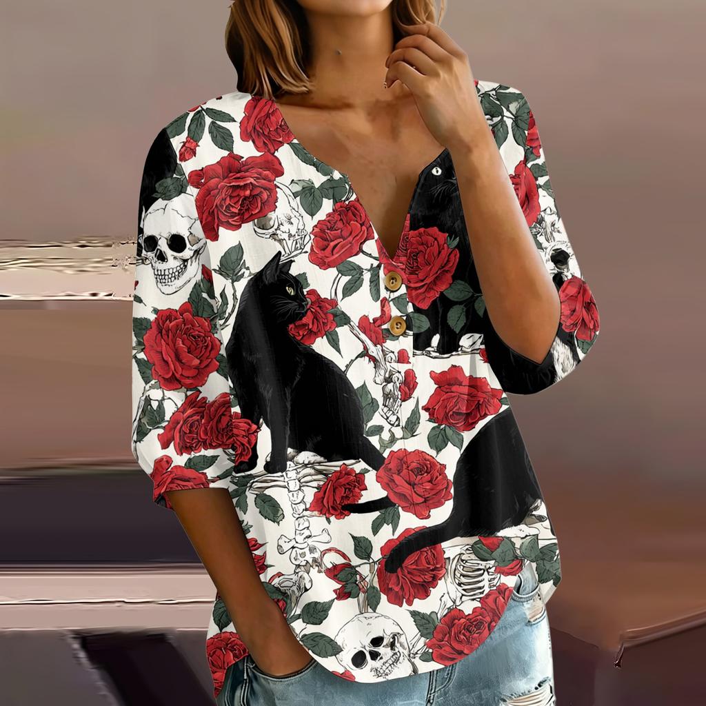 Women's Casual Halloween Print V-Neck Button Three-Quarter Sleeve T-Shirt