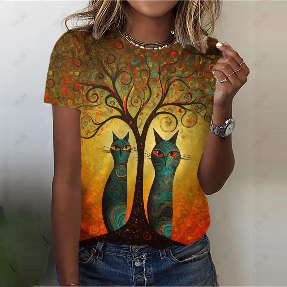 Sommer Rundhals 3D Katzenprint Top Modische Lässige Kurzarm Damen T-Shirts