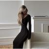 Knit Slim Round Neck Hollow Out Women Dress Summer Solid Soft Long Sleeves Lady Robe