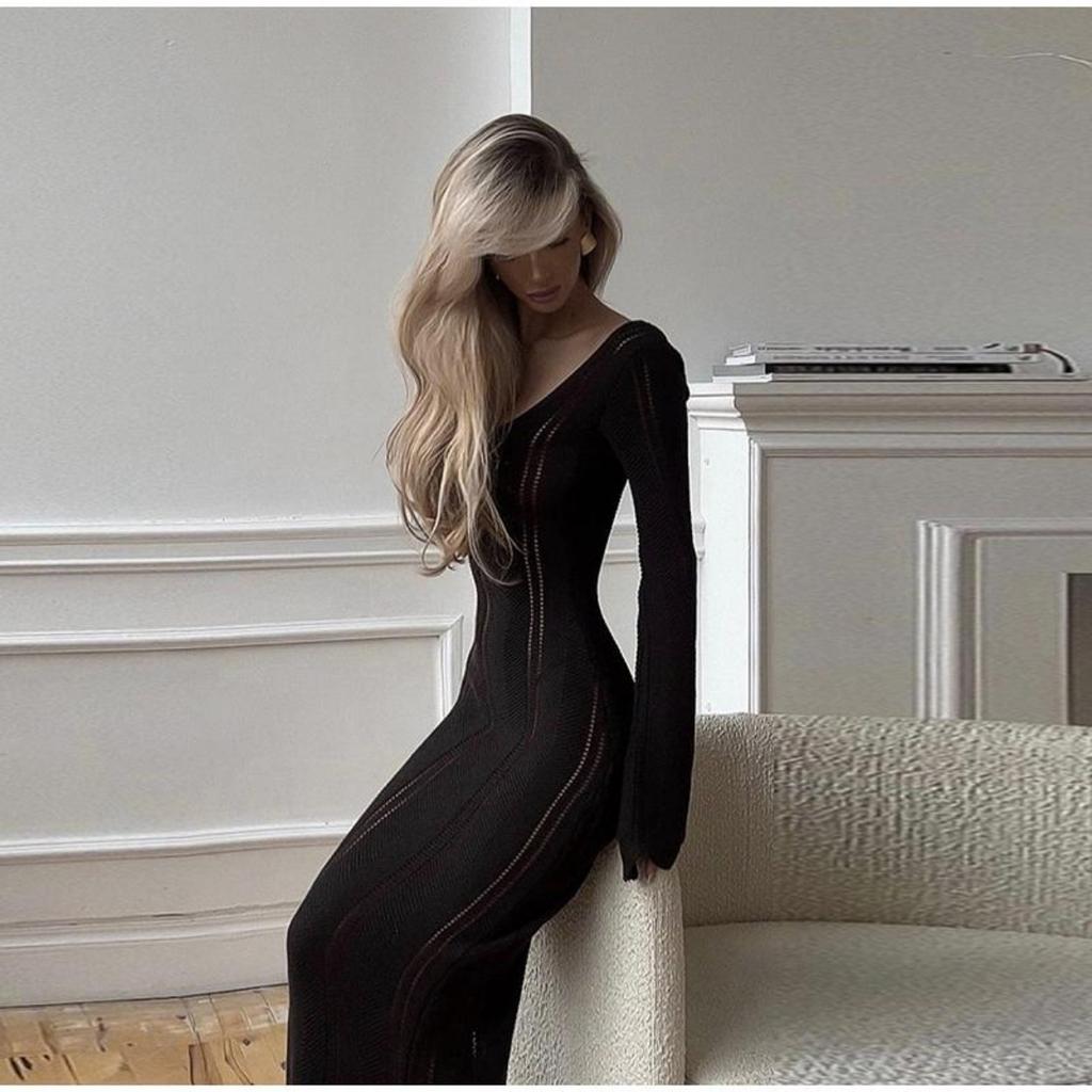 Knit Slim Round Neck Hollow Out Women Dress Summer Solid Soft Long Sleeves Lady Robe