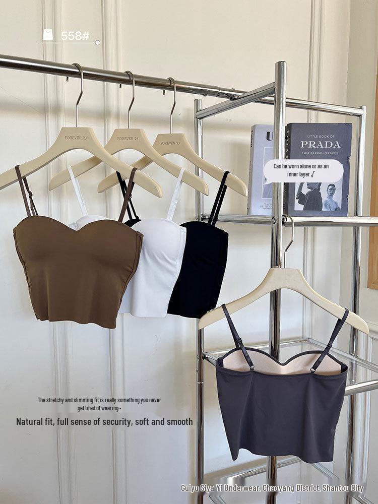 Seamless Ice Silk French Strappy Tank Top with Fixed Cup and Bandage Bustier