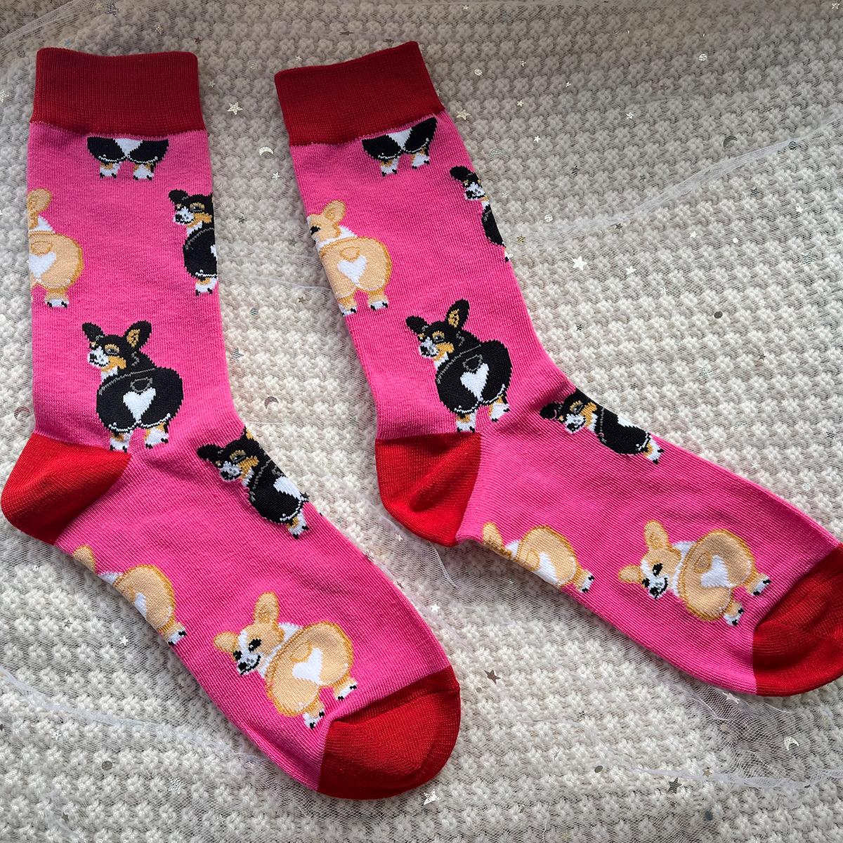 

1 пара носков средней длины с рисунком милой собаки-корги, модные унисекс, подходят для всех сезонов для повседневных уличных видов спорта Single code