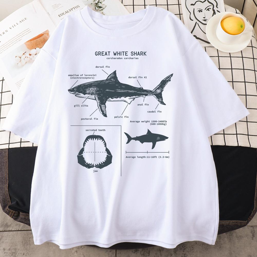 Great White Shark Anatomy T-Shirt New Summer Men Street Short Sleeve Hip Hop Punk Style Boy Casual Tops Oversize White Tees
