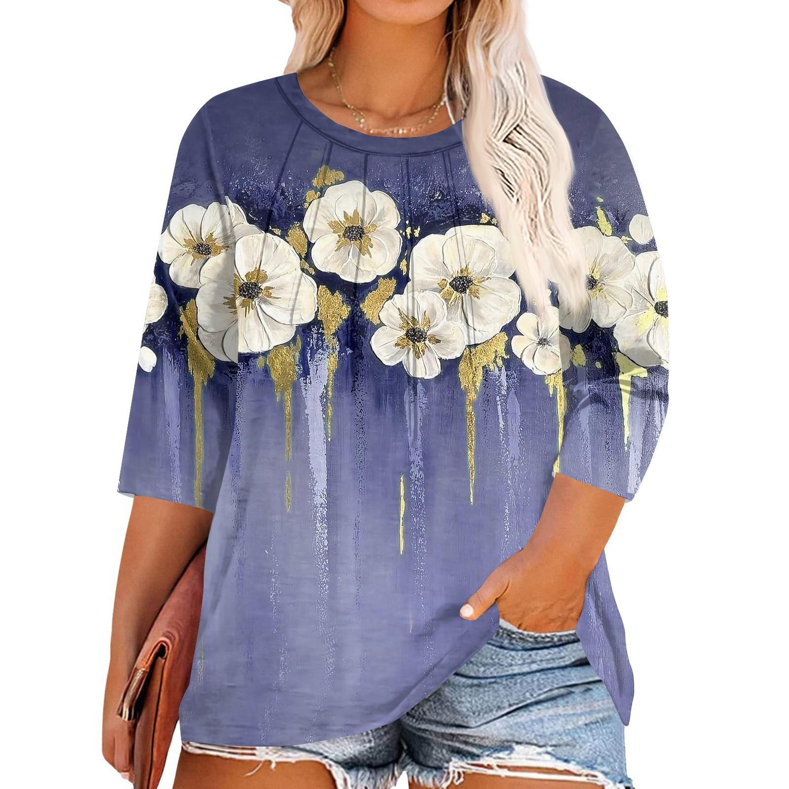 

Женские топы с принтом и круглым вырезом больших размеров, рукава 3/4, элегантные рубашки L фиолетовый