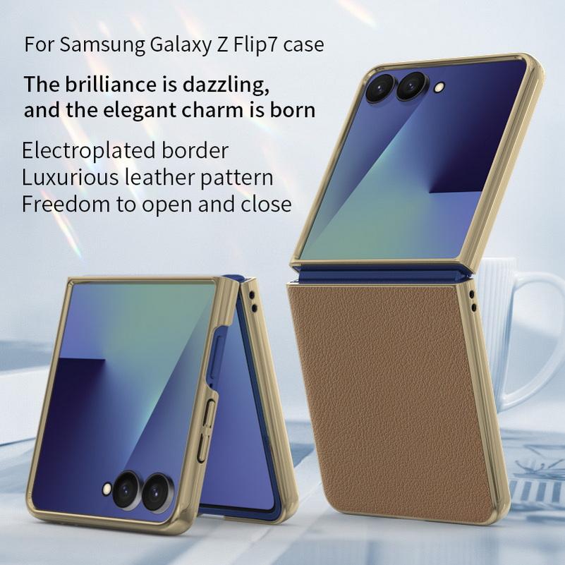 

Lychee Leather Vacuum Plated Frame Phone Case For Samsung Galaxy Z Flip 7 flip7 Slim Protection Cover Galaxy Z Flip7