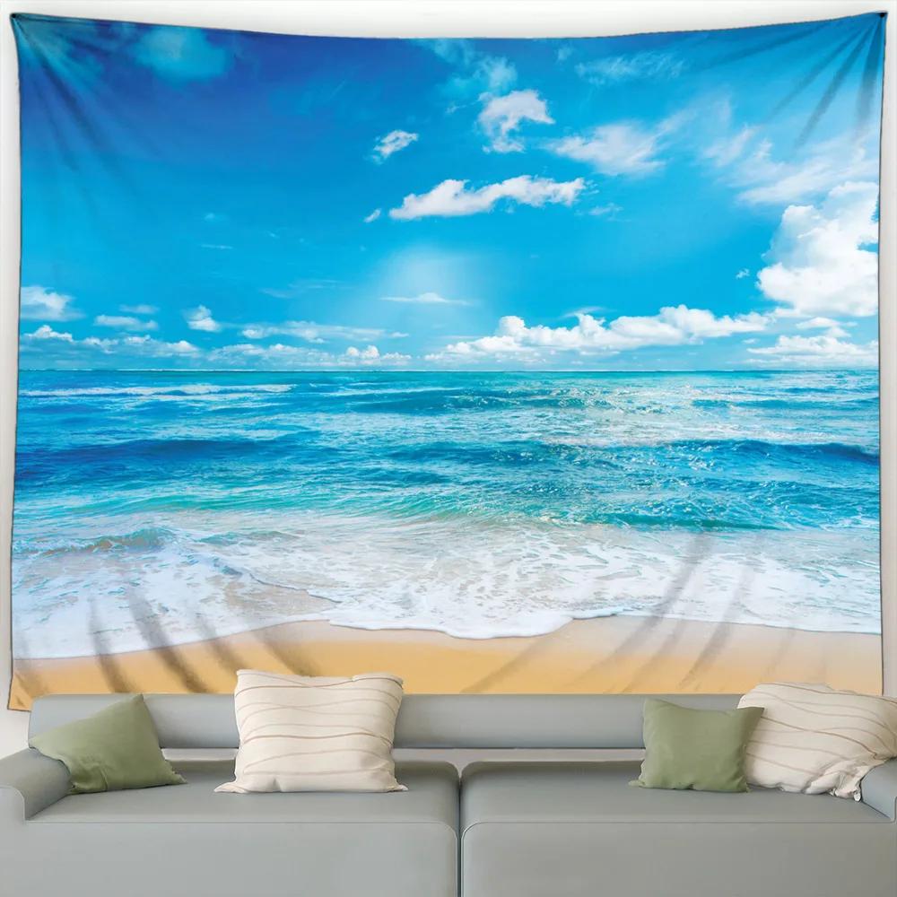 Island Landscape Wall Hanging Tapestry – Beach with Palm Trees At Dusk, Ocean Waves Fabric Art for Living Room, Dorm, Home Decor