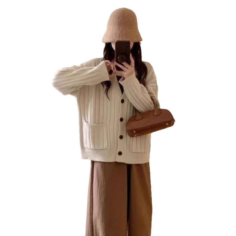 Autumn and Winter Women's Sweater Simple Casual Temperament V-neck Knitted Cardigan Female Loose Lazy Wind Sweater