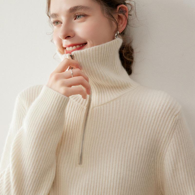 

Женский кашемировый свитер в корейском стиле на молнии - Свободный, приталенный, утолщенный пуловер с отложным воротником для осени/зимы. Medium