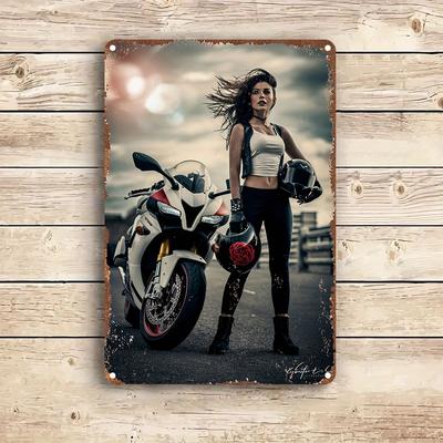 Vintage Metal Iron Sign Wall Art Decoration Motorcycle and Female Rural Tin Plate for Garden Bedroom Garage