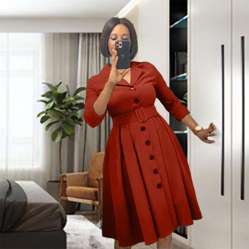 Solid Color V-Neck A-Line Dress with Belt, European & American Style, Plus Size, African Women