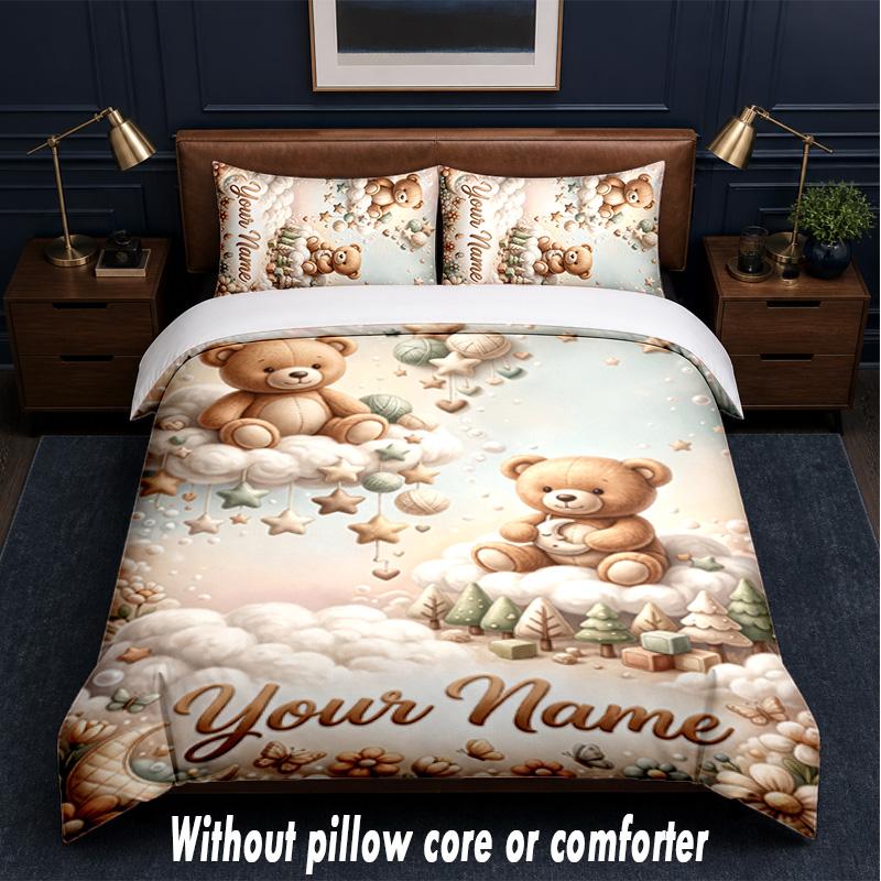 Set Biancheria da Letto a Tema Orsacchiotto con Testo o Nome Personalizzato, 3 Pezzi, 1 Lenzuolo Sotto con Angoli & 2 Federe, Biancheria da Letto Personalizzata per la Casa