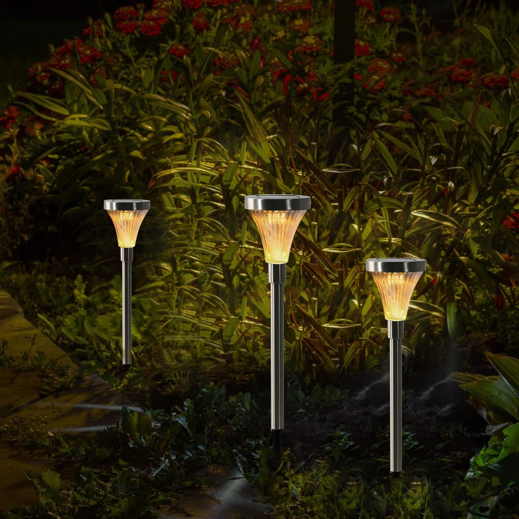 GWSOLAR [Set of 3 Solar Lights with Stainless Steel Pole] Light Color: Warm White, Slim Design, Modern and Stylish Light, In-Ground Insertion, Light