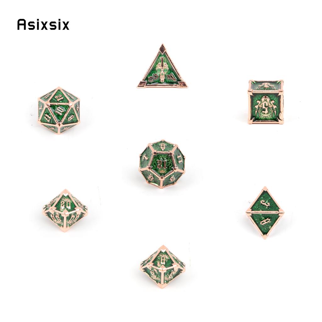 7 Pcs Green Golden Skull Metal Dice Solid Metal Polyhedral Dice Set Suitable for Role-Playing RPG Board Game Card Game