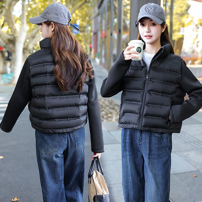 Autumn and winter light stand-up neck cotton-padded clothes women's splicing sleeves solid color short jacket women's clothing can be mixed in batches